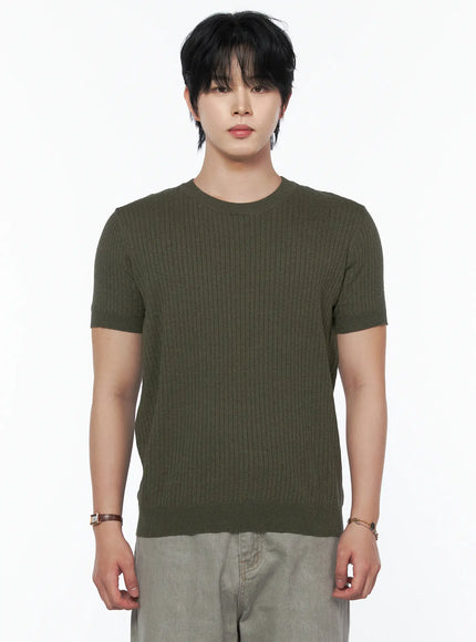 Men's Ribbed Slim Fit Knit T-Shirt IU523 Khaki Green close-up front shot on male model cropped at waist highlighting vertical rib knit texture and crew neckline