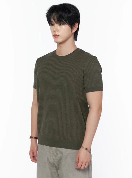 Men's Ribbed Slim Fit Knit T-Shirt IU523 Khaki Green side shot on male model three-quarter angle showing ribbed texture crew neck and short sleeve detail