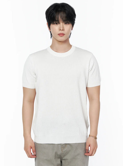 Men's Ribbed Slim Fit Knit T-Shirt IU523 in White, size M