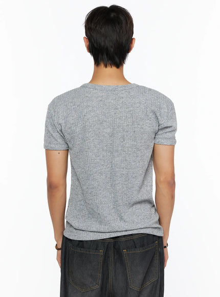 Men's Ribbed Slim-Fit T-Shirt IL520 Gray back shot on male model showing ribbed knit fabric slim fit and round neckline paired with wide-leg black denim