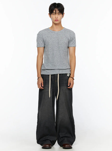 Men's Ribbed Slim-Fit T-Shirt IL520 Gray full-body front shot on male model standing upright arms at sides styled with black wide-leg drawstring denim