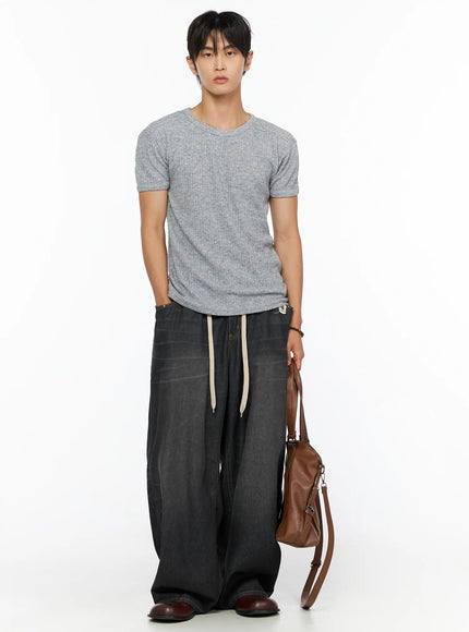 LEWKIN Men's Ribbed Slim-Fit T-Shirt IL520 Gray full-body front shot on male model styled with wide-leg black drawstring denim and brown leather bag