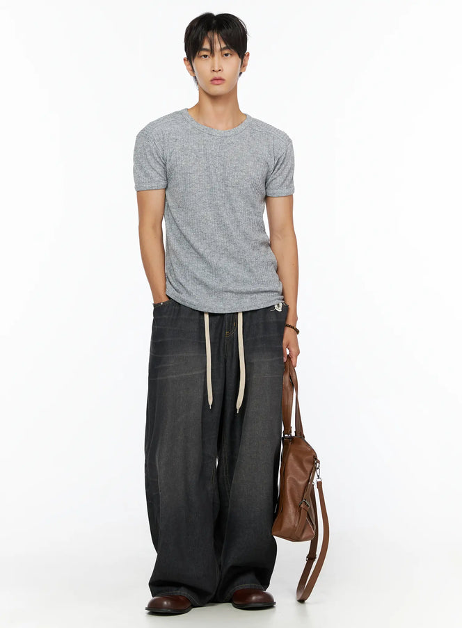 LEWKIN Men's Ribbed Slim-Fit T-Shirt IL520 Gray full-body front shot on male model styled with wide-leg black drawstring denim and brown leather bag