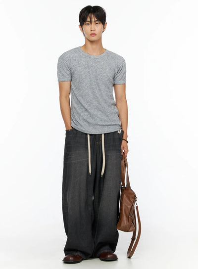 LEWKIN Men's Ribbed Slim-Fit T-Shirt IL520 Gray full-body front shot on male model styled with wide-leg black drawstring denim and brown leather bag
