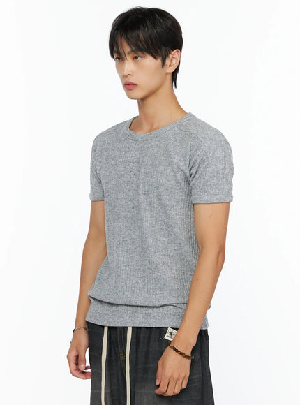 Men's Ribbed Slim-Fit T-Shirt IL520 Gray side shot on male model showing ribbed knit texture slim fit silhouette and crew neckline styled with dark pants