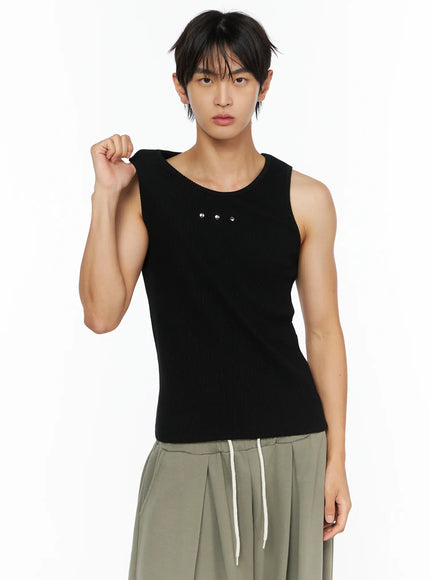LEWKIN Men's Ribbed Studded Tank Top IL528 Black front shot on male model wearing fist-raised pose styled with olive drawstring wide-leg trousers