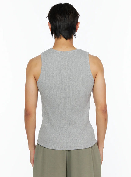 Men's Ribbed Studded Tank Top IL528 Gray back shot on male model showing clean ribbed knit construction and round neckline paired with olive trousers