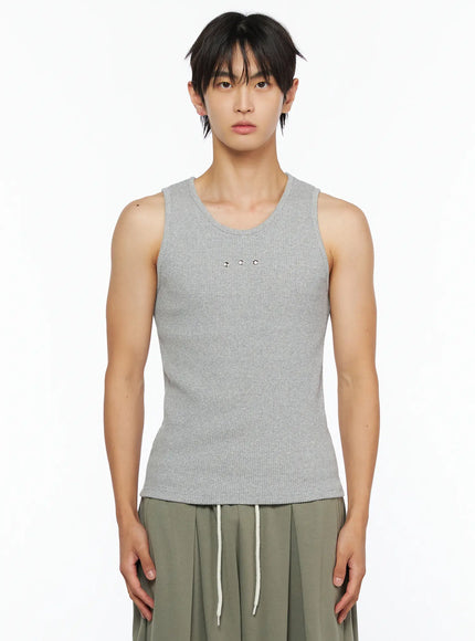 Men's Ribbed Studded Tank Top IL528 Gray cropped front shot on male model showing U-neckline and three silver dome studs on ribbed knit fabric