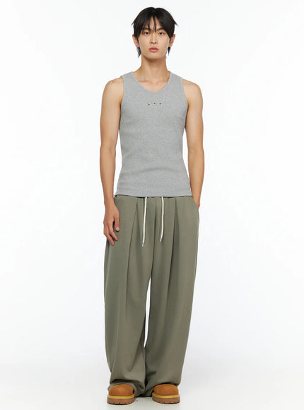 Men's Ribbed Studded Tank Top IL528 Gray front full-body shot on male model standing arms relaxed styled with olive wide-leg drawstring trousers and tan chunky boots