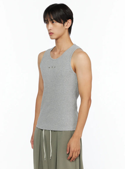 Men's Ribbed Studded Tank Top IL528 Gray side shot on male model looking left showing ribbed knit texture and silver stud detail on chest