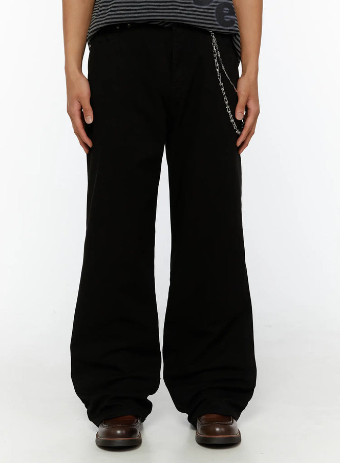 LEWKIN Men's Semi-Flared Black Pants IL509 Black front view on model wearing striped tee with silver chain accessory and wide-leg silhouette