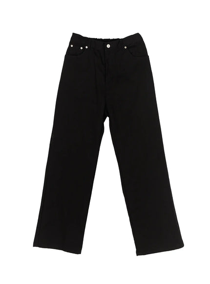 Men's Semi-Flared Black Pants IL509 Black flat-lay front view showing wide-leg silhouette elastic waistband silver rivets and five-pocket construction