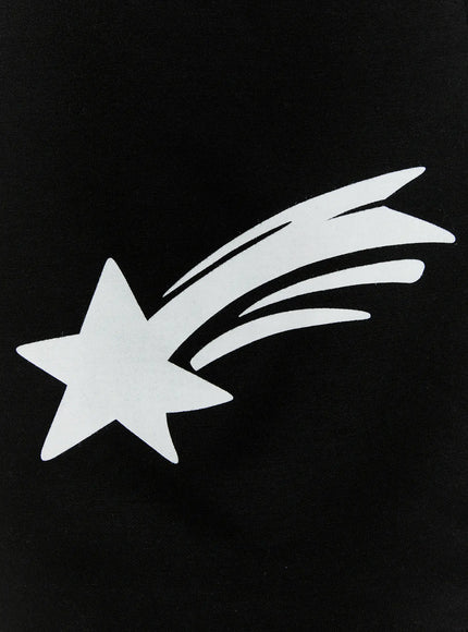 Men's Shooting Star Printed Shorts (Black) IL509 close-up detail of white shooting star graphic print on black cotton fabric, showing streak lines and star shape