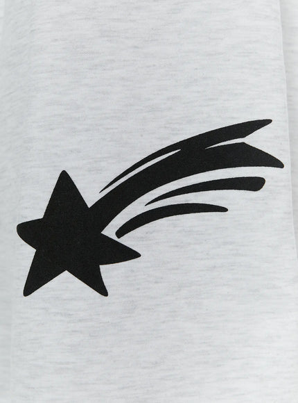 Men's Shooting Star Printed Shorts (Light Gray) IL509 Light gray close-up detail of black shooting star graphic print on heathered cotton fabric