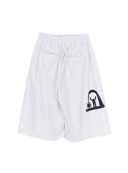 Men's Shooting Star Printed Shorts (Light Gray) IL509 Light gray flat-lay back showing arch figure graphic print, patch pockets, elastic waist, wide-leg cut on white background