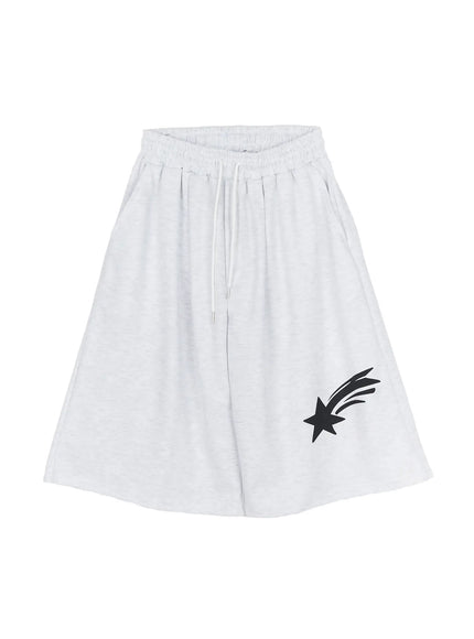 Men's Shooting Star Printed Shorts (Light Gray) IL509 Light gray flat-lay front showing shooting star print, elastic drawstring waistband, wide-leg silhouette on white background