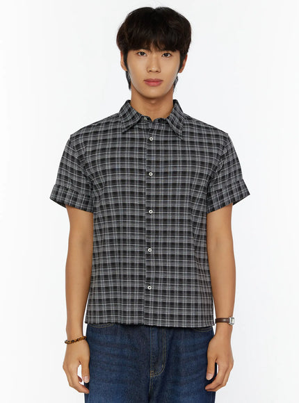 Men's Short Sleeve Plaid Shirt IL515 in Black, size M