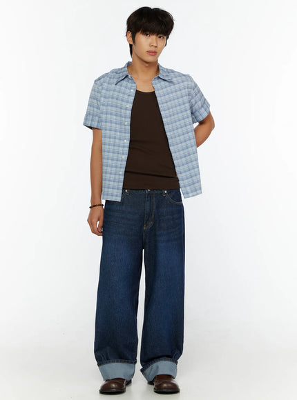 Men's Short Sleeve Plaid Shirt IL515 in Light blue, size M