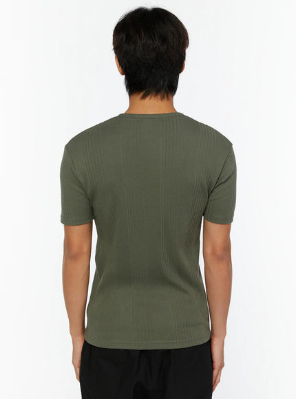 Men's Slim Fit Ribbed T-Shirt IL513 Dark green back shot on male model showing ribbed vertical stripe texture and clean neckline seam