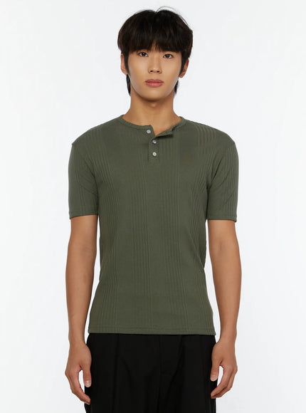 Men's Slim Fit Ribbed T-Shirt IL513 Dark green cropped front shot on male model showing henley button placket ribbed knit texture and round neckline
