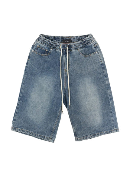 Men's Star Bolt Graphic Print Jorts (Blue) IL507 Blue flat-lay front view showing elastic drawstring waistband washed denim texture and clean wide-leg cut