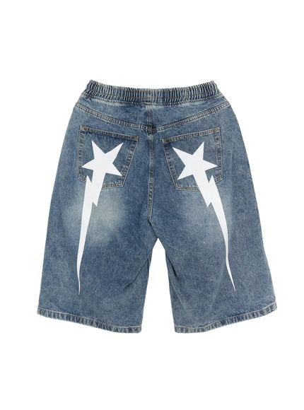 Men's Star Bolt Graphic Print Jorts (Blue) IL507 Blue flat-lay back view showing dual white star bolt graphic prints on back pockets elastic waistband and washed denim