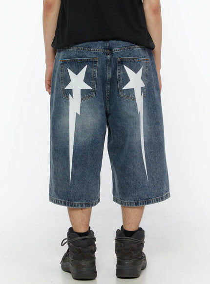Men's Star Bolt Graphic Print Jorts (Blue) IL507 Blue back view on model showing full-length wide-leg fit with dual white star bolt graphics on both back pockets