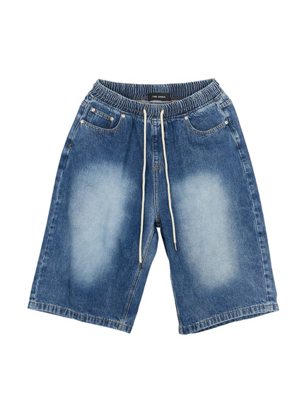 Men's Star Bolt Graphic Print Jorts (Dark Blue) IL507 flat-lay front view showing washed dark blue denim, elastic drawstring waistband, faded thigh wash and THE CROSS label