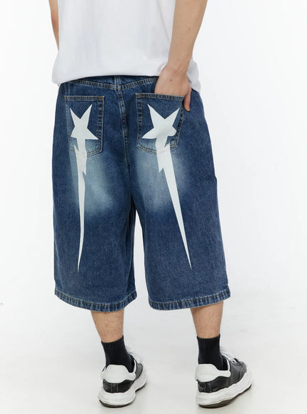 Men's Star Bolt Graphic Print Jorts (Dark Blue) IL507 in Dark blue, size M/L