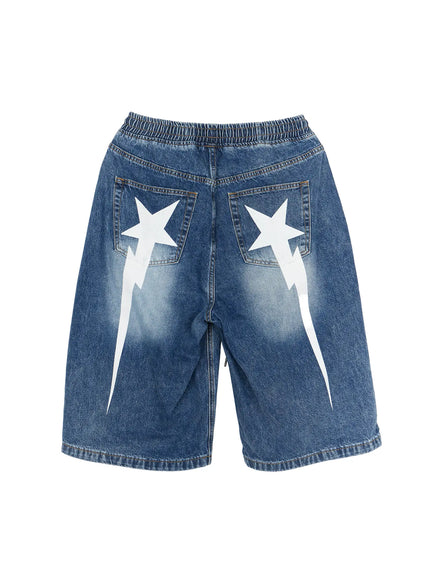 Men's Star Bolt Graphic Print Jorts (Dark Blue) IL507 flat-lay back view showing dual white star-bolt graphic prints on both rear pockets, elastic waistband and washed denim