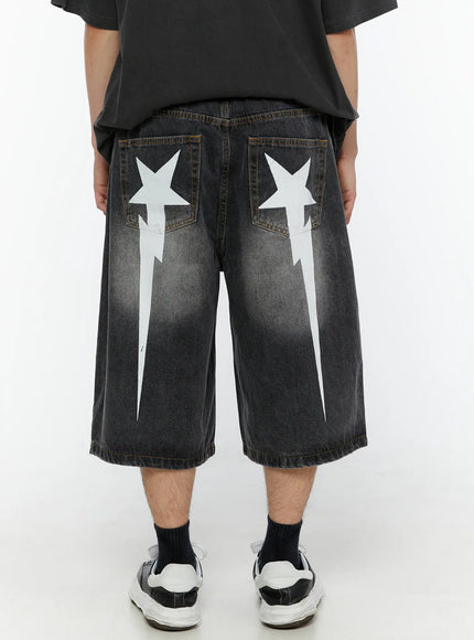 Men's Star Bolt Graphic Print Jorts (Dark Gray) IL507 in Dark gray, size M/L