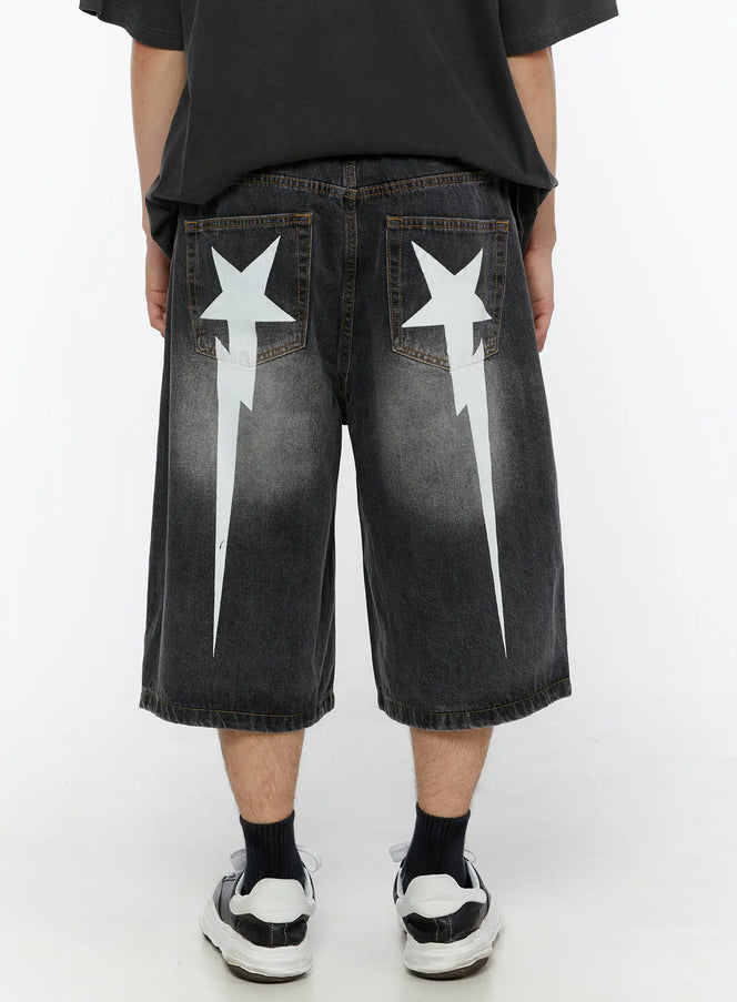 Men's Star Bolt Graphic Print Jorts (Dark Gray) IL507 in Dark gray, size M/L