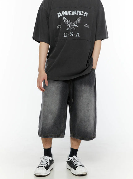 Men's Star Bolt Graphic Print Jorts (Dark Gray) IL507 styled on model with America USA graphic tee, full-length front view with sneakers
