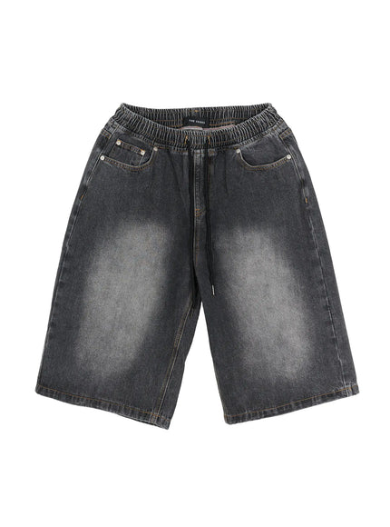 Men's Star Bolt Graphic Print Jorts (Dark Gray) IL507 flat-lay front view showing elastic drawstring waistband, faded wash, and side pocket details