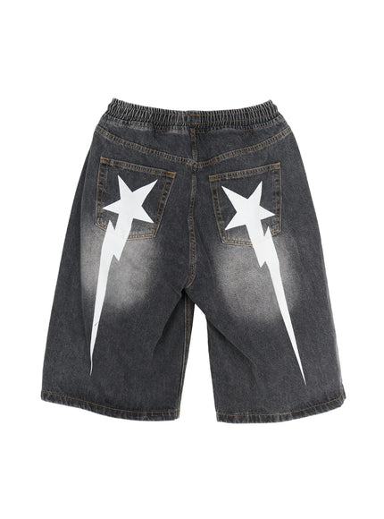 Men's Star Bolt Graphic Print Jorts (Dark Gray) IL507 flat-lay back view showing dual white star bolt graphic prints on back pockets and elastic waistband