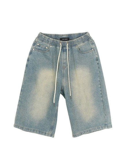 Men's Star Bolt Graphic Print Jorts (Light Blue) IL507 flat-lay front showing elastic drawstring waistband vintage fade wash and THE CROSS woven label