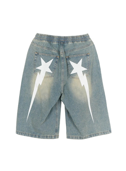 Men's Star Bolt Graphic Print Jorts (Light Blue) IL507 flat-lay back showing dual white star and lightning bolt graphics on both legs with elastic waistband