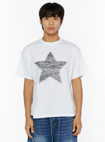 Men's Star Graphic T-Shirt IL509 White front crop shot on male model standing straight showing large black text-filled star graphic print crew neck cotton tee