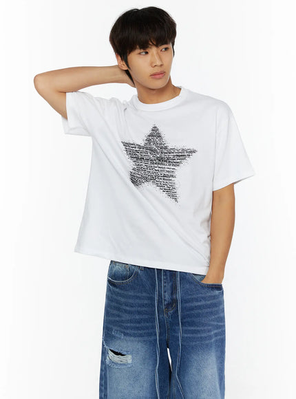 LEWKIN Men's Star Graphic T-Shirt IL509 White S/M front shot on male model hand behind neck posed with ripped denim jeans cotton star text print