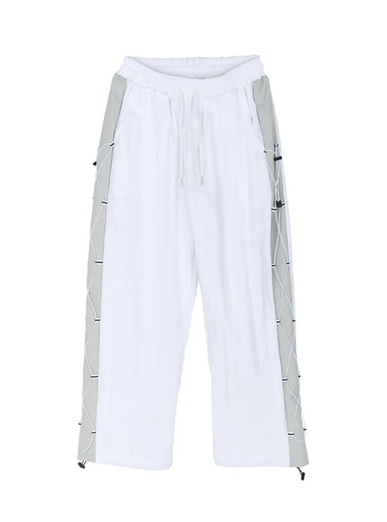 Men's String Detail Track Pants IL515 White flat-lay front view showing wide-leg silhouette gray side panels white rope lace detail black cord stoppers and drawstring waist