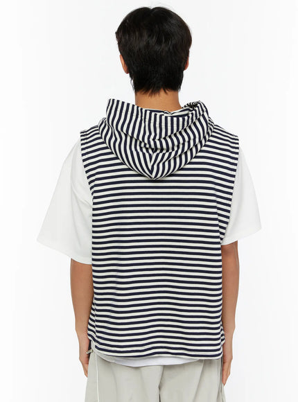 Men's Striped Graphic Hoodie IL510 Light blue back shot on male model showing clean navy and cream horizontal stripe back panel with oversized hood detail