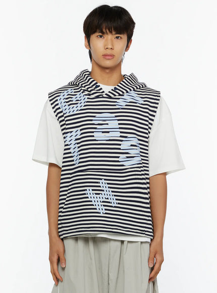 Men's Striped Graphic Hoodie IL510 Light blue front shot on male model waist-up, showing full graphic print layout on navy and cream horizontal stripe hoodie vest