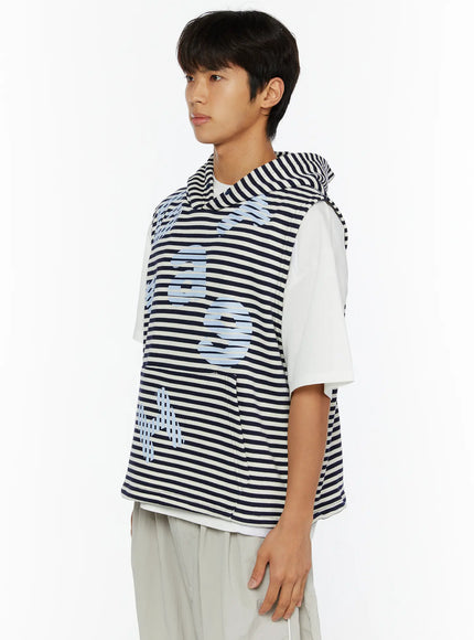Men's Striped Graphic Hoodie IL510 Light blue side shot on male model showing right side profile, light blue graphic appliqué detail on navy stripe cotton fabric