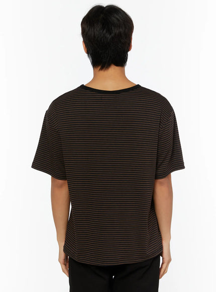 Men's Striped Graphic T-Shirt IL509 Dark brown back shot on male model showing clean striped pattern black crewneck collar and dropped shoulder seams