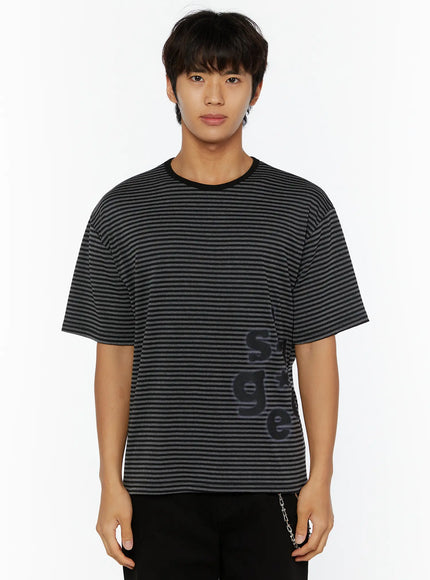 Men's Striped Graphic T-Shirt IL509 black-gray cropped front shot on male model facing forward displaying tonal side graphic print on fine horizontal stripe
