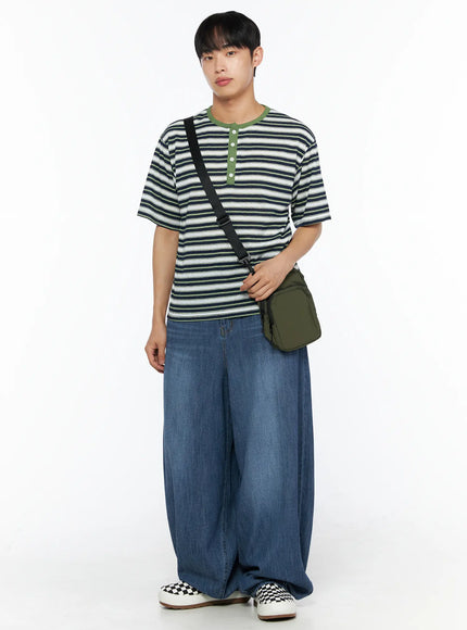 LEWKIN Men's Striped Henley Tee IL514 Green full-body front shot on male model styled with wide-leg jeans and crossbody bag