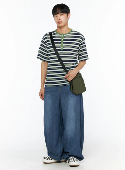 LEWKIN Men's Striped Henley Tee IL514 Green full-body front shot on male model styled with wide-leg jeans and crossbody bag