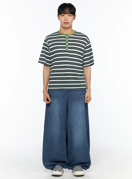 Men's Striped Henley Tee IL514 Green full-body front shot on male model standing straight in wide-leg denim with arms at sides