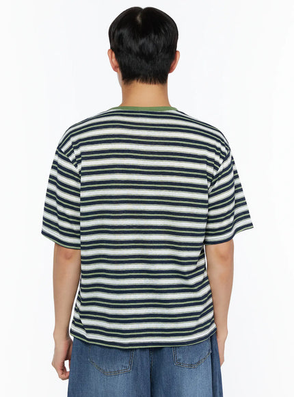 Men's Striped Henley Tee IL514 Green back shot on male model showing navy white green horizontal stripe pattern and green ribbed neckline