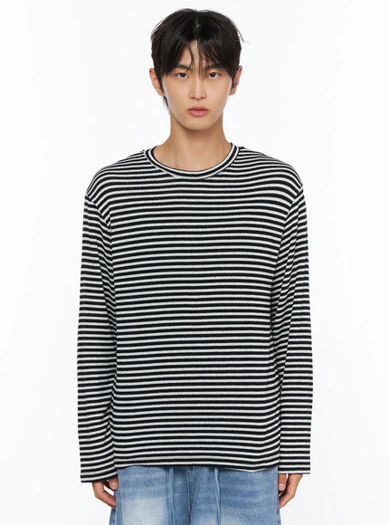 Men's Striped Knit Long Sleeve Tee IL515 in Black, size S/M